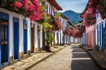 Old town street in Paraty, Rio de Janeiro. Well-preserved Portuguese colonial and Brazilian imperial city. Generative AI