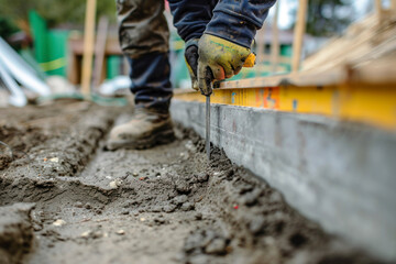Leveling foundation construction, an image showcasing a construction worker using a level tool.