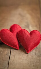 Fototapeta premium Two knitted hearts in red color on a wooden background - concept Mother's Day, Valentine's Day, Birthday