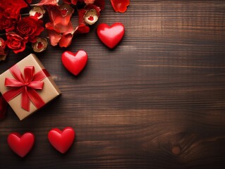 Top view of presents and heart decorations on wooden background.