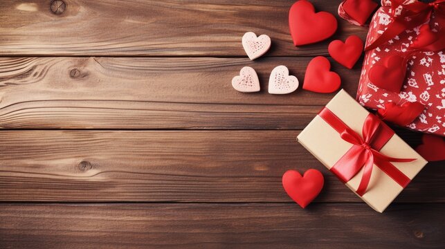 Top view of presents and heart decorations on wooden background.