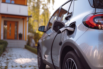 Car charging at electric car charging station. Electric vehicle charger station for charge EV battery. EV car charging point. Clean energy. Sustainable transportation. Green technology