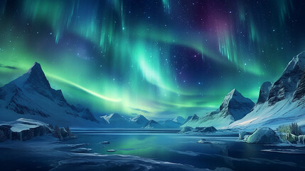 Aurora Borealis northern light in winter mountains phenomenon