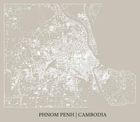 Phnom Penh (Cambodia) street map outline for poster, paper cutting.
