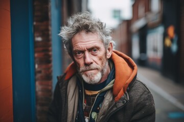 Portrait of a senior man with grey hair and beard in the city.