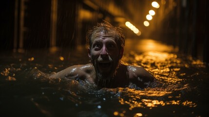 A man is swimming in a flooded area at night. Generative AI.