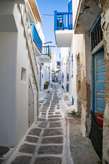 View of whitewashed cobbled street, Little Venice of Mykonos . Greek Island. - 711160959