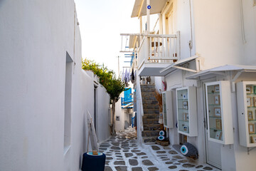 View of whitewashed cobbled street, Little Venice of Mykonos . Greek Island. - 711161197