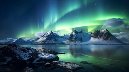 beautiful lights above mountains and ocean.