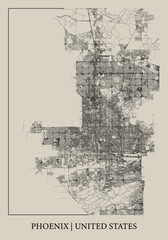 Phoenix (Arizona, United States) street map outline for poster.
