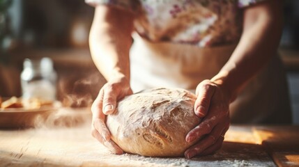 Closeup of a womans hands kneading homemade organic bread dough on a floured countertop. - obrazy, fototapety, plakaty