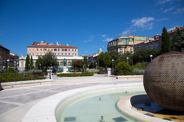 National theater in Rijeka square view, fountain and architecture, Kvarner bay, Croatia - 711162166