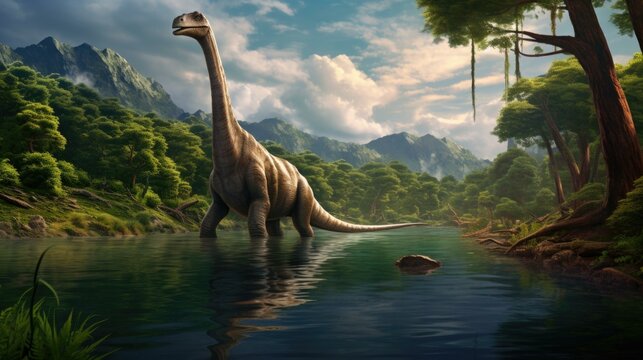The good dinosaur, a dinosaur that lives in the jungle, is walking across the water. Generative AI.