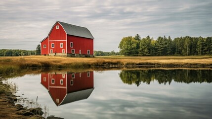 A red barn is reflected in a pond. Generative AI.