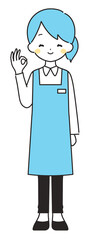水色｜OKマークの女性店員｜エプロン