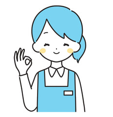 水色｜OKマークの女性店員｜エプロン