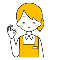 オレンジ色｜OKマークの女性店員｜エプロン