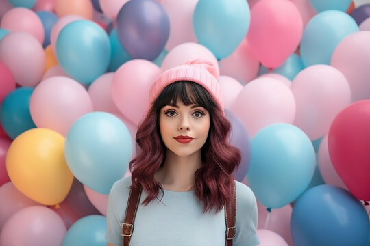 Generative AI Image of Beautiful Girl with Colorful Pastel Balloons Background