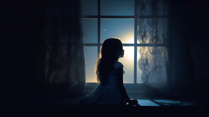 silhouette of a little girl in a window at night