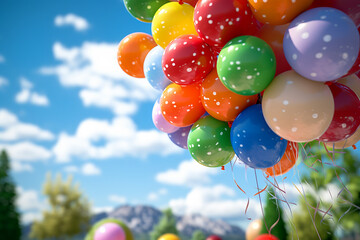 Generative AI Image of Colorful Balloons with Nature View in Bright Sky
