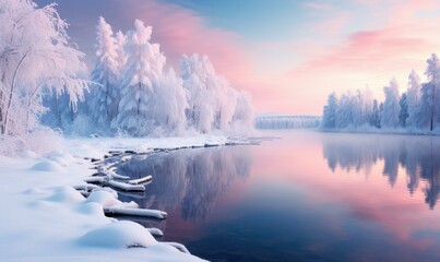 Winter landscape with snow covered trees and water. Generative AI. - Powered by Adobe