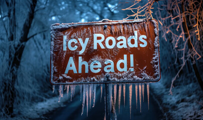 an icy road sign covered in ice and snow, warning of slippery roads ahead