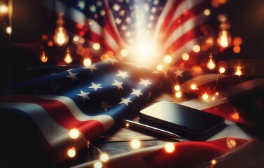 American flag with bokeh light and blur effect background