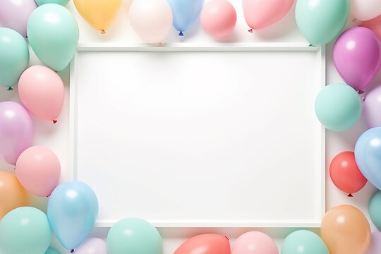 Generative AI Image of Empty Photo Frame with Colorful Pastel Balloons Decoration