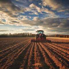 Fototapeta premium A tractor plowing a field, evening 