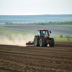 Fototapeta premium A tractor plowing a field, daytime
