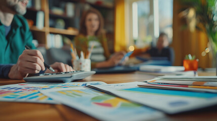 Fototapeta premium Colleagues in a business meeting discussing financial data, with focus on charts and a calculator in the foreground. 