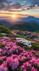 Sun Setting Over Mountains and Flowers