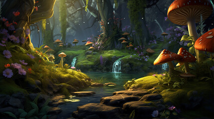 the fantasy forest morning by the riverside with fantastic realistic and futuristic illustration