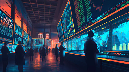 Traders observe global market data on expansive digital screens, illuminating a stock exchange floor with a futuristic and international focus.
 - obrazy, fototapety, plakaty