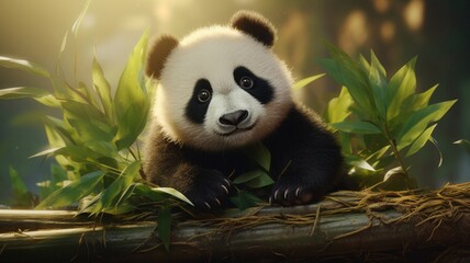 Fototapeta premium Giant Panda Bear in Bamboo Grove, Playfully Interacting with Surroundings - AI-Generative