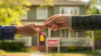 Close-up of hands exchanging house keys with a blurred background of a home and a 'For Sale' sign, symbolizing a successful real estate transaction.
