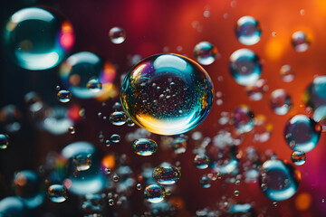 Macro Zoom of Colorful Water Bubbles on a Rustic Scene Wallpaper or Background Generative AI