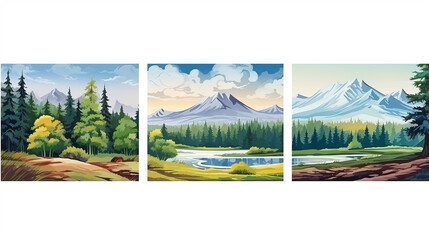 banners with polygonal landscape illustration on white background