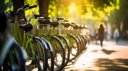 Closeup of a bikesharing station, promoting a greener and more efficient mode of transportation. - obrazy, fototapety, plakaty