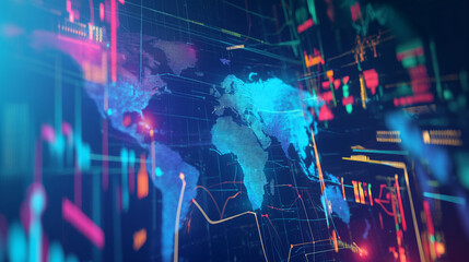A digital representation of a world map overlaid with dynamic market data charts, reflecting the interconnected nature of global financial markets.
 - obrazy, fototapety, plakaty