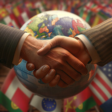 hands shaking over a globe, symbolizing international business dealings
