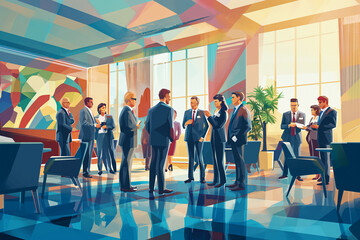 Fototapeta na wymiar An illustration of business professionals engaging in networking within the brightly lit lobby of a modern corporate building. 