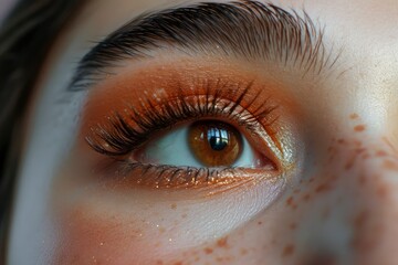 A closeup view on the eye of a beautiful young woman. A slight dark circle can be seen beneath the eye. Details of girl with brown iris.