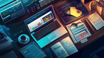 An investor's desk at night, organized with a laptop showing market charts, financial documents, a cup of coffee, and electronic devices, suggesting late-night market analysis.
