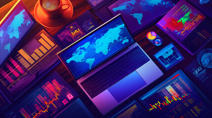 Fototapeta premium An elaborate data analysis workstation with a laptop and additional screens displaying colorful graphs and world maps, set in a vividly lit environment for enhanced visualization. 