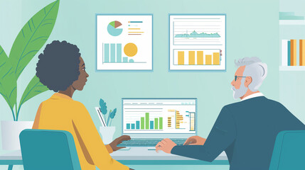 An illustration of two colleagues, seated in an office environment, collaboratively working on financial analysis with charts and data displayed on the wall and computer.
