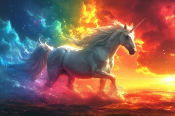 Obraz na płótnie Canvas Full shot, unicorn on rainbow sky background. Generative AI.