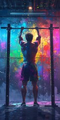 Vibrant Workout: Athletic Man Lifting in a Colorful Gym Setting. Man Lifting Weights with Colorful Background.