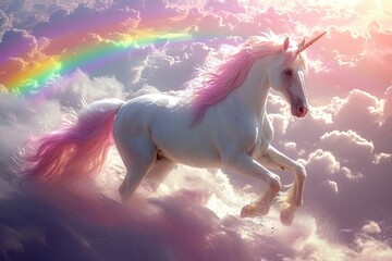 Obraz na płótnie Canvas Full shot, unicorn on rainbow sky background. Generative AI.