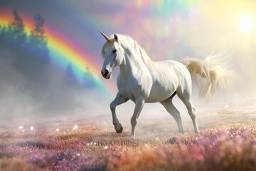 Obraz premium Full shot, unicorn on rainbow sky background. Generative AI.